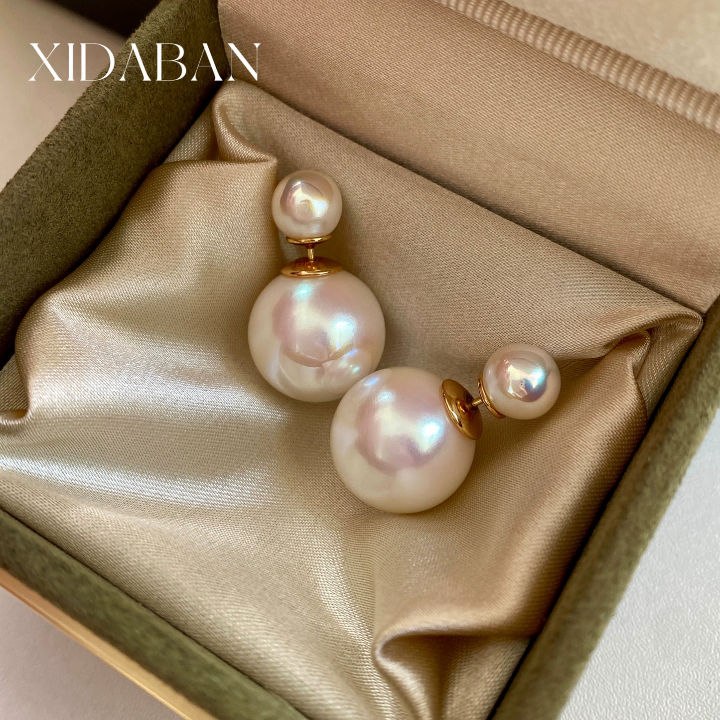 D's Classic Front and Rear Dual-Wear Zhao Lusi Same Style Double Beads Shijia Pearl Earrings Female French Entry Lux 925 Silver Earrings