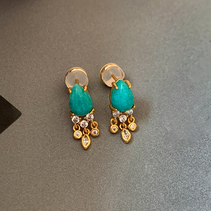 Silver Needle Turquoise Natural Stone Fimbrilla Earrings for Women Fall and Winter Accessible Luxury Fancy Gold Retro Stud Earrings Earrings
