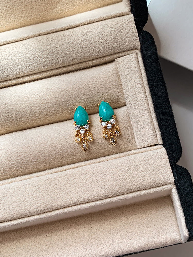 Silver Needle Turquoise Natural Stone Fimbrilla Earrings for Women Fall and Winter Accessible Luxury Fancy Gold Retro Stud Earrings Earrings