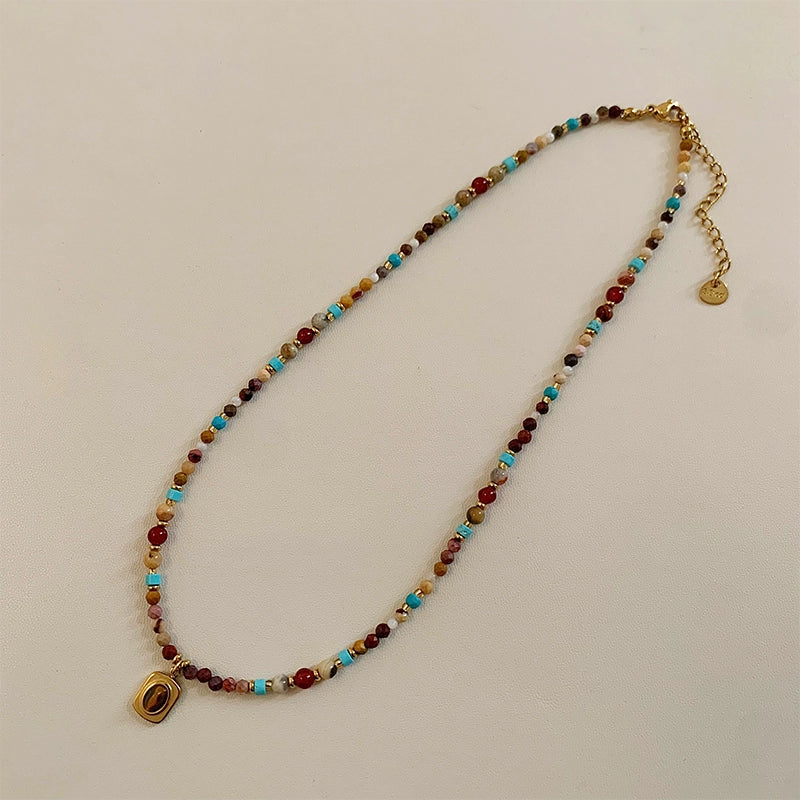 Turquoise Cube Sugar Beaded Tigereye Titanium Steel Necklace for Women Fancy Accessible Luxury Niche Design Clavicle Chain Neck Chain