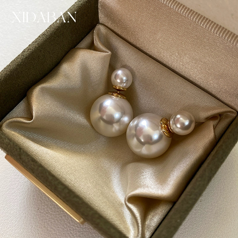 D's Classic Front and Rear Dual-Wear Zhao Lusi Same Style Double Beads Shijia Pearl Earrings Female French Entry Lux 925 Silver Earrings