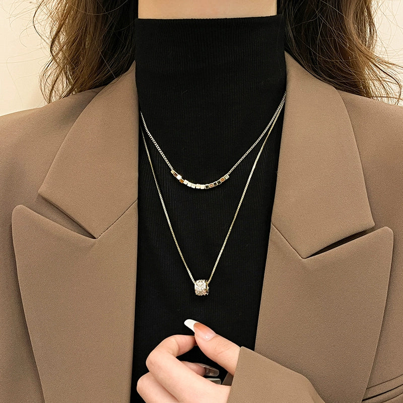 Double-Layer Twin Zircon Necklace for Women Fancy Light Luxury Necklace Sweater Chain