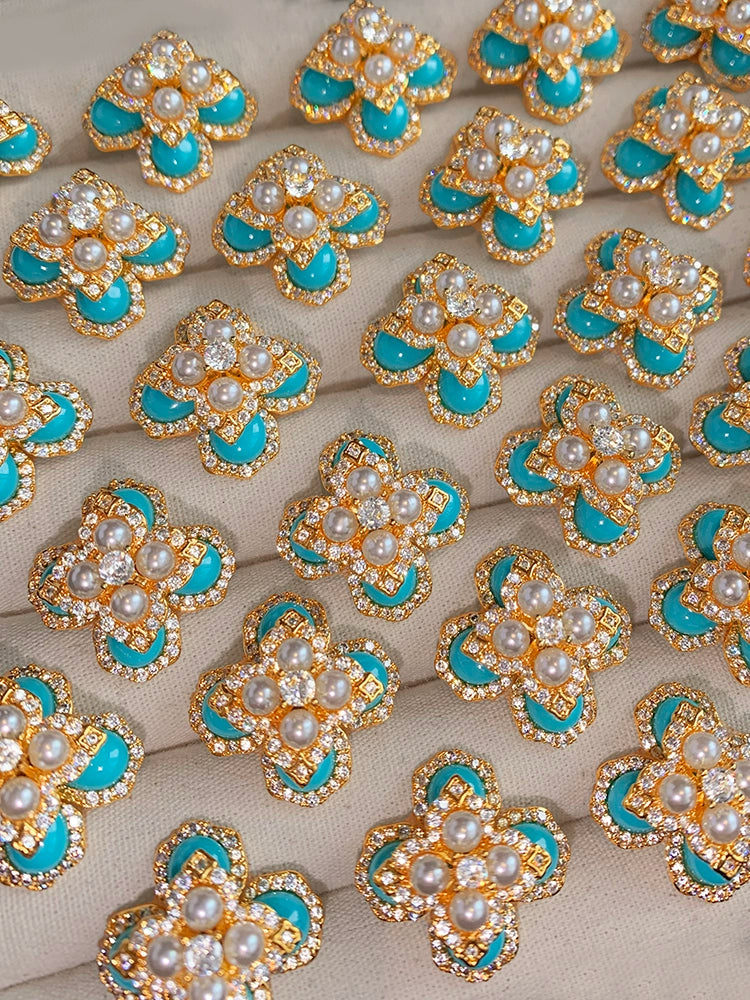 Sterling Silver Turquoise Clover Pearl Stud Earrings for Women Retro Earrings Light Luxury Minority Fancy Middle Ancient Petal Ear Accessory