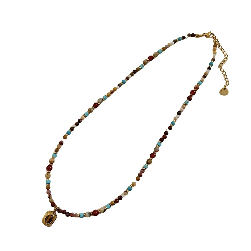 Turquoise Cube Sugar Beaded Tigereye Titanium Steel Necklace for Women Fancy Accessible Luxury Niche Design Clavicle Chain Neck Chain