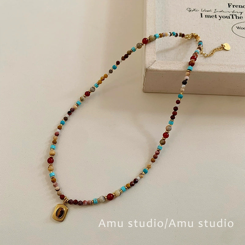 Turquoise Cube Sugar Beaded Tigereye Titanium Steel Necklace for Women Fancy Accessible Luxury Niche Design Clavicle Chain Neck Chain
