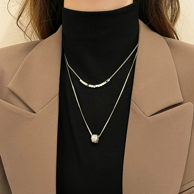 Double-Layer Twin Zircon Necklace for Women Fancy Light Luxury Necklace Sweater Chain