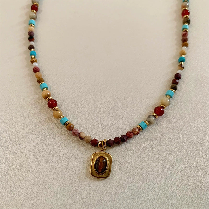 Turquoise Cube Sugar Beaded Tigereye Titanium Steel Necklace for Women Fancy Accessible Luxury Niche Design Clavicle Chain Neck Chain
