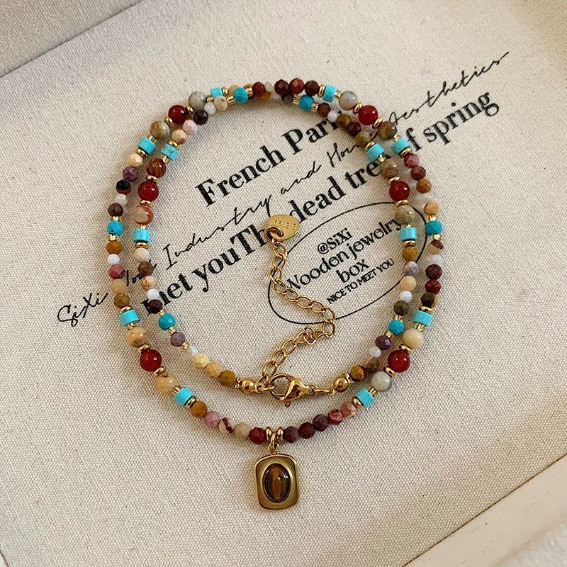 Turquoise Cube Sugar Beaded Tigereye Titanium Steel Necklace for Women Fancy Accessible Luxury Niche Design Clavicle Chain Neck Chain