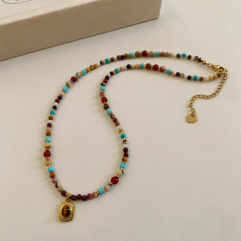 Turquoise Cube Sugar Beaded Tigereye Titanium Steel Necklace for Women Fancy Accessible Luxury Niche Design Clavicle Chain Neck Chain