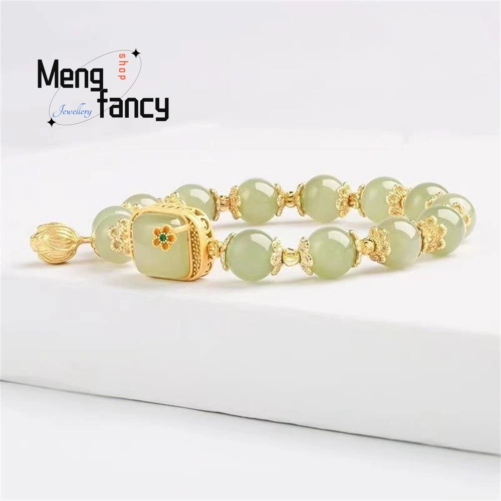 Natural Hetian Jade Bracelet Square Sugar Lotus Bracelet Exquisite Elegant Retro Chinese Style Sexy Young Girls Fashion Jewelry