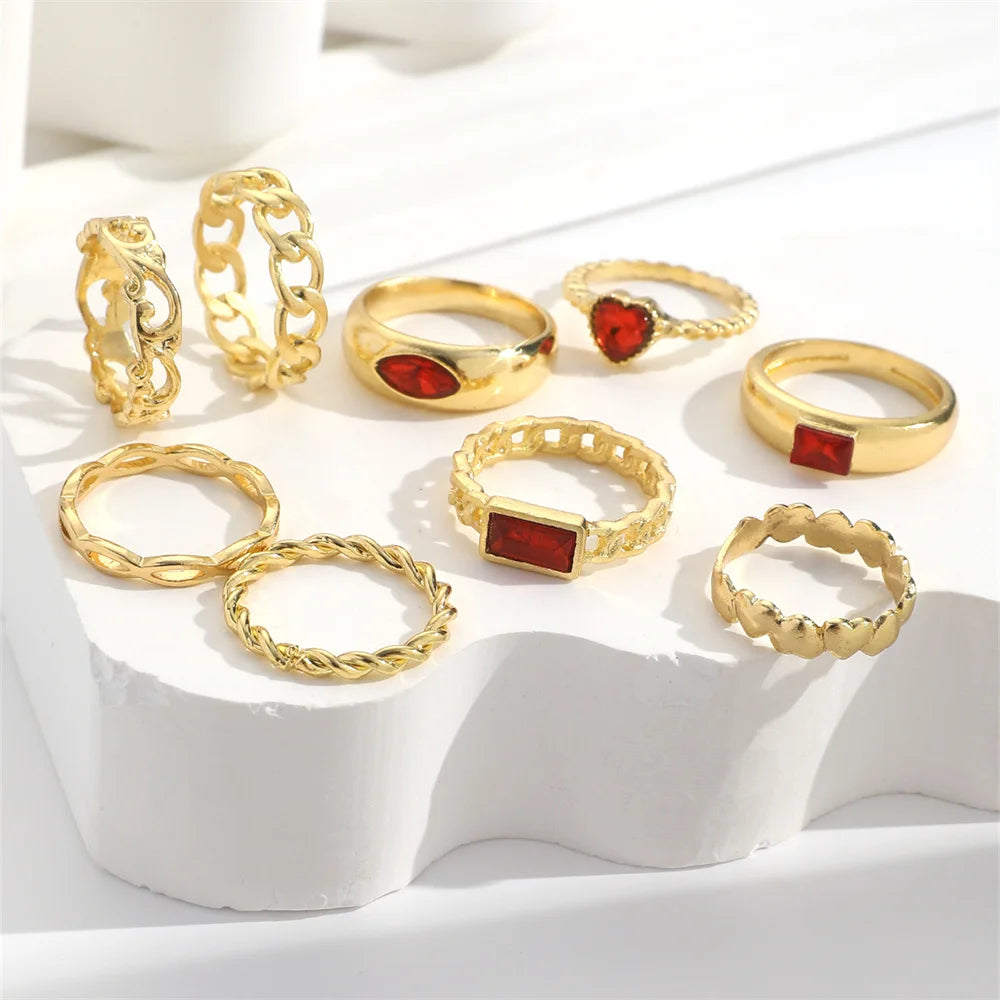 9Pcs/Set Vintage Ins Style Faux Gemstone Rhinestone Metal Hollow Out Retro Heart Love Twist Chain Shaped Ring Set For Women