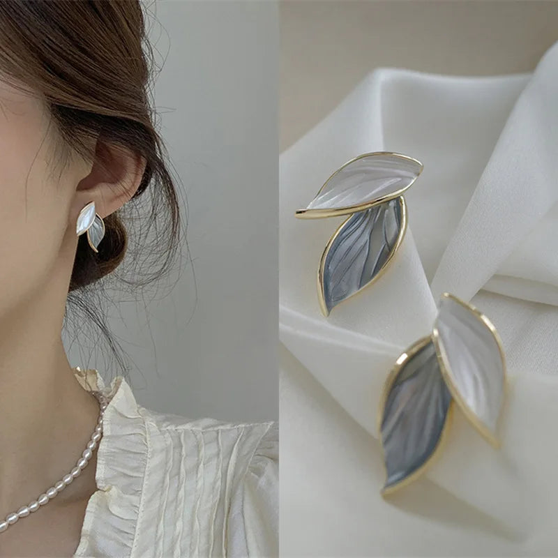 LATS New Korean Arrival Metal Trendy Fresh Lovely Sweet Grey Leaf Stud Earrings