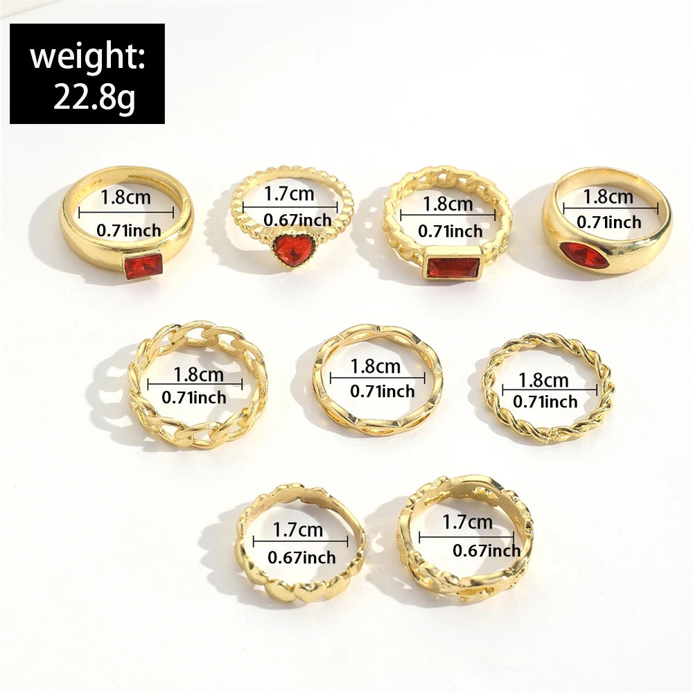 9Pcs/Set Vintage Ins Style Faux Gemstone Rhinestone Metal Hollow Out Retro Heart Love Twist Chain Shaped Ring Set For Women