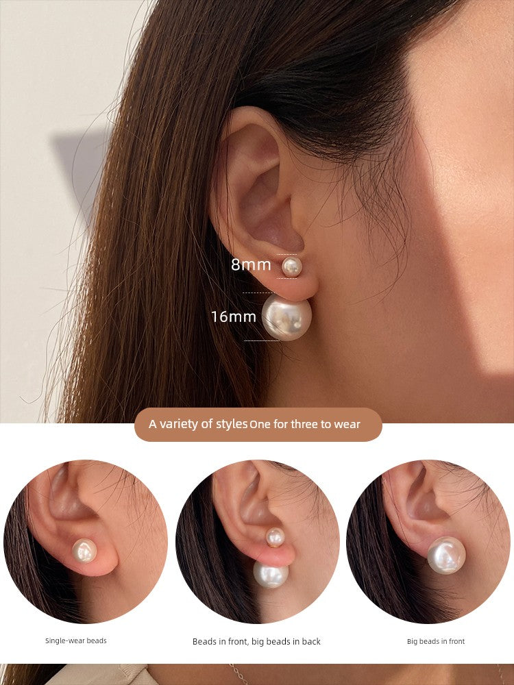 D's Classic Front and Rear Dual-Wear Zhao Lusi Same Style Double Beads Shijia Pearl Earrings Female French Entry Lux 925 Silver Earrings