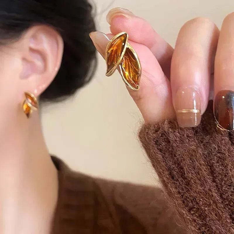 LATS New Korean Arrival Metal Trendy Fresh Lovely Sweet Grey Leaf Stud Earrings