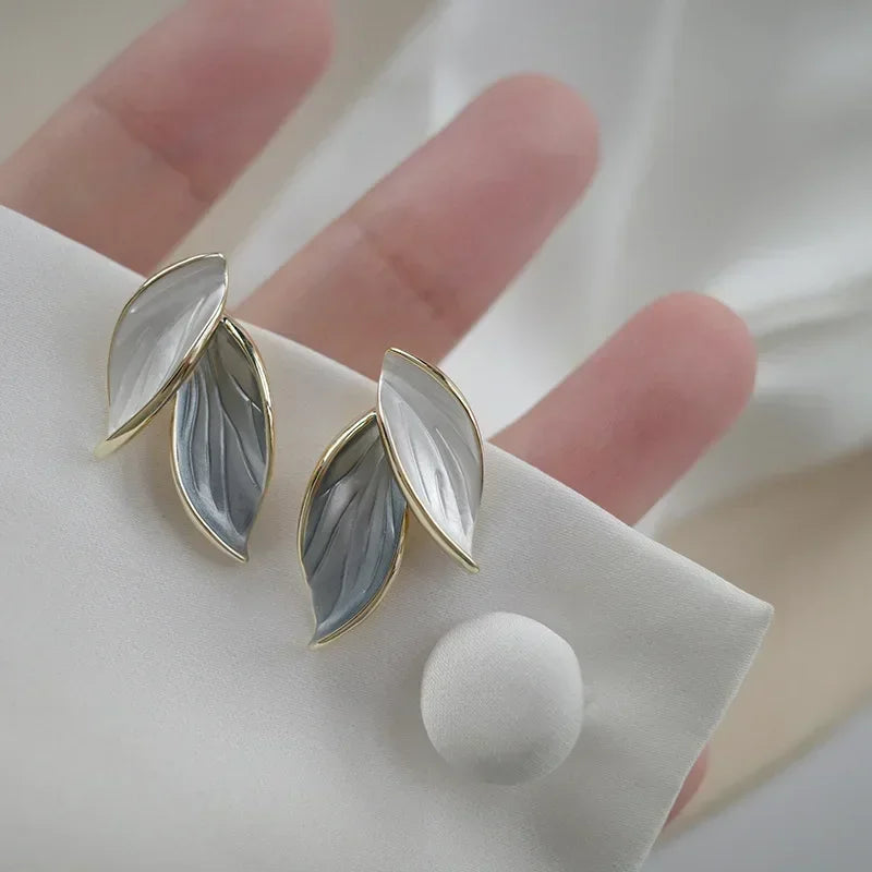LATS New Korean Arrival Metal Trendy Fresh Lovely Sweet Grey Leaf Stud Earrings