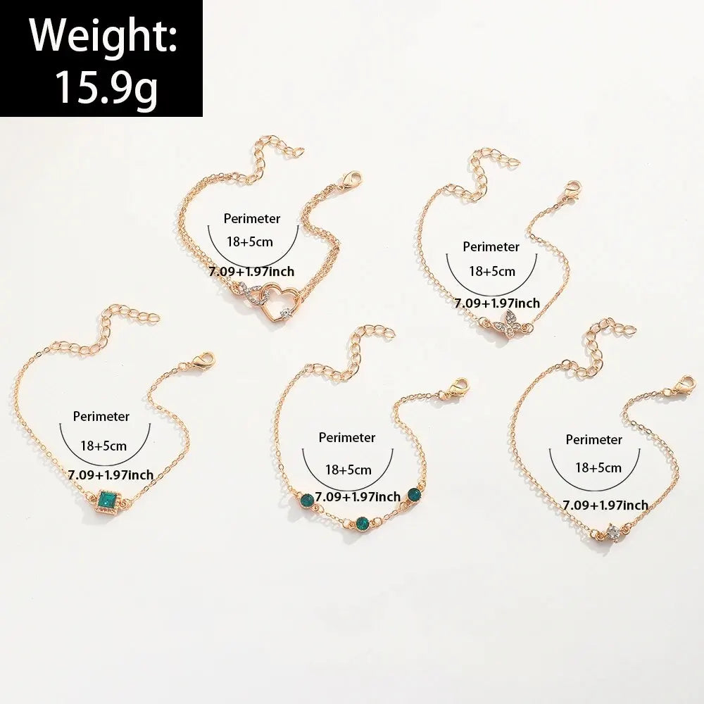 5Pcs/Set Rhinestone Butterfly & Heart Love Infinite Decor Imitation Gem Metal Hollow Bracelet For Women For Daily Decoration