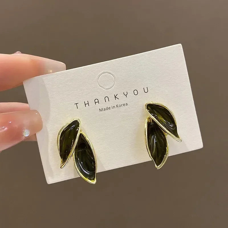 LATS New Korean Arrival Metal Trendy Fresh Lovely Sweet Grey Leaf Stud Earrings