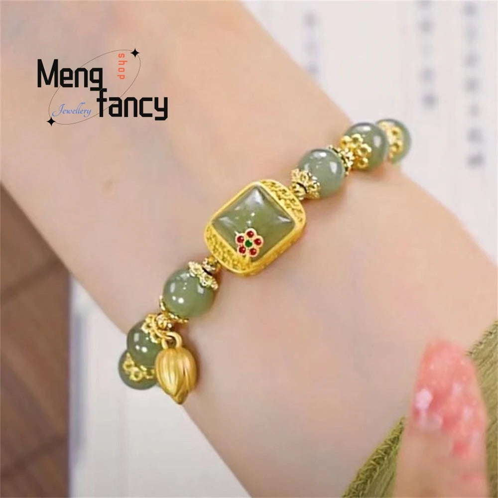Natural Hetian Jade Bracelet Square Sugar Lotus Bracelet Exquisite Elegant Retro Chinese Style Sexy Young Girls Fashion Jewelry