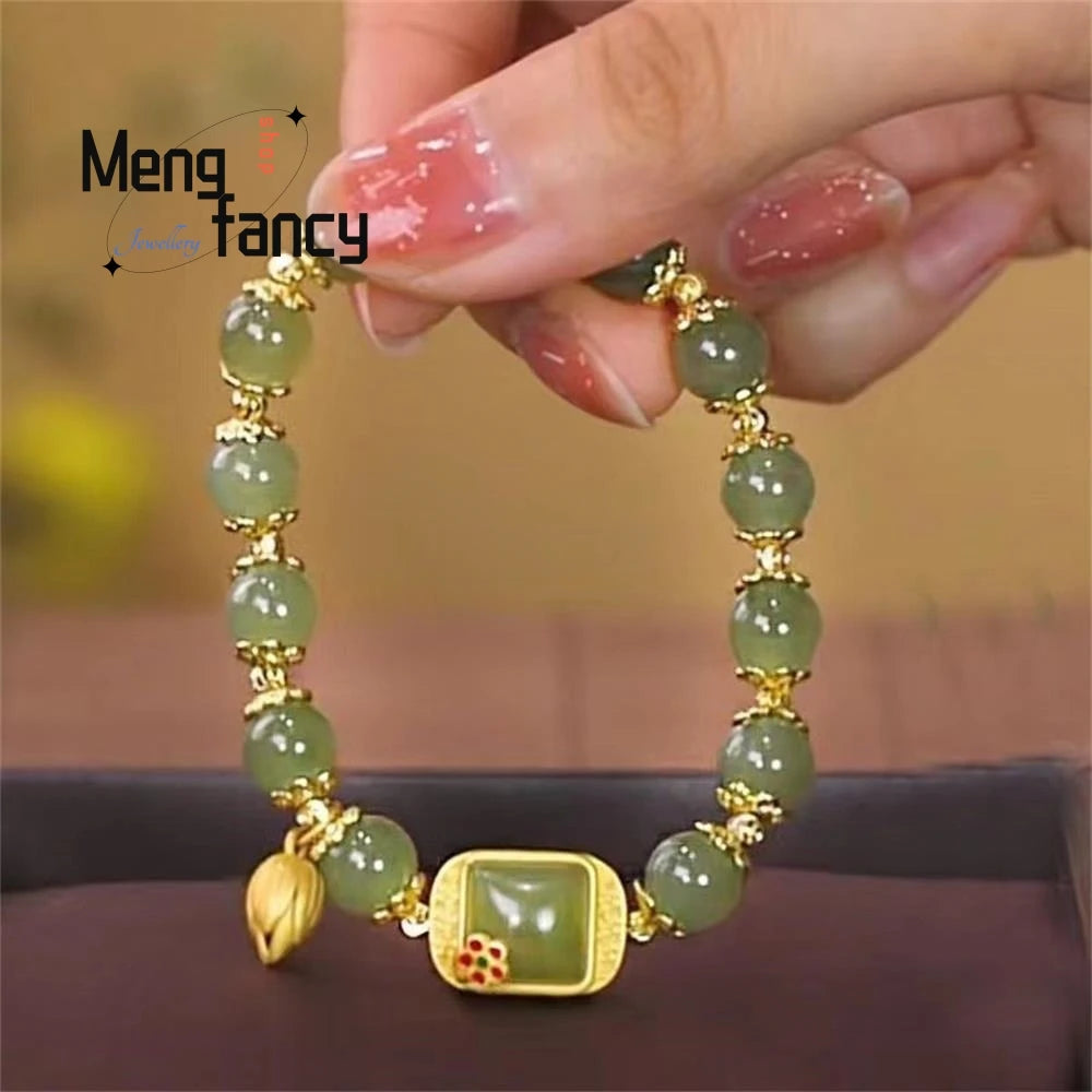 Natural Hetian Jade Bracelet Square Sugar Lotus Bracelet Exquisite Elegant Retro Chinese Style Sexy Young Girls Fashion Jewelry