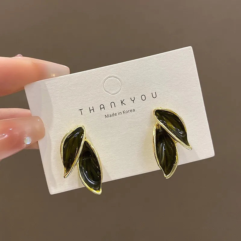 LATS New Korean Arrival Metal Trendy Fresh Lovely Sweet Grey Leaf Stud Earrings