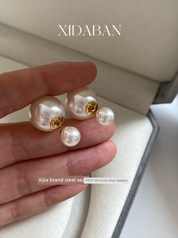 D's Classic Front and Rear Dual-Wear Zhao Lusi Same Style Double Beads Shijia Pearl Earrings Female French Entry Lux 925 Silver Earrings