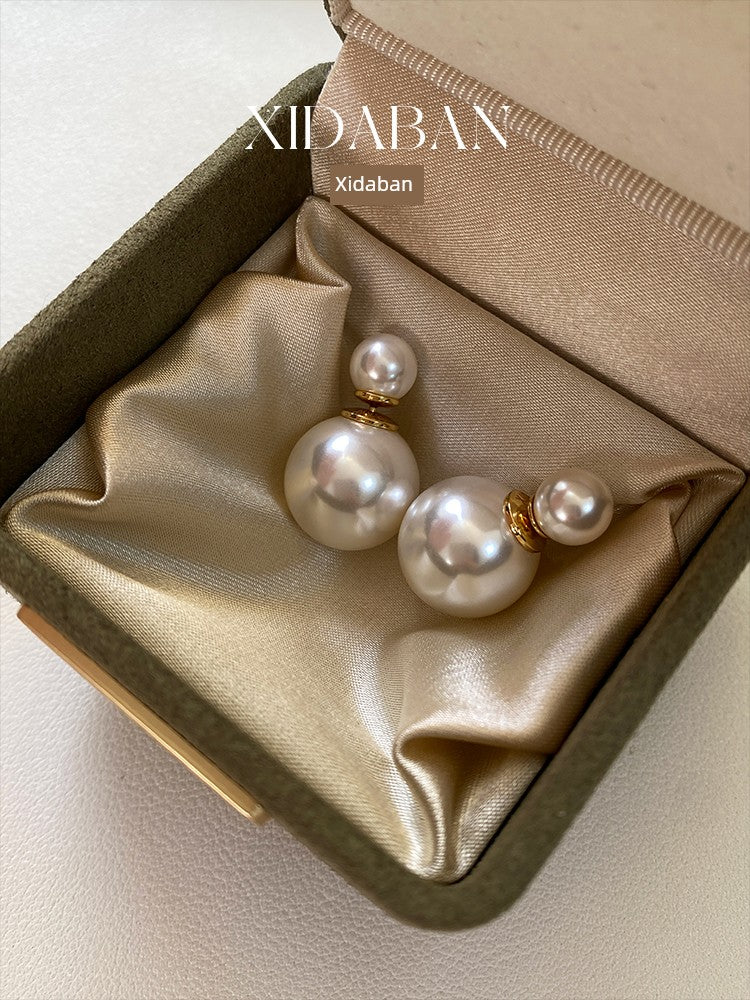 D's Classic Front and Rear Dual-Wear Zhao Lusi Same Style Double Beads Shijia Pearl Earrings Female French Entry Lux 925 Silver Earrings