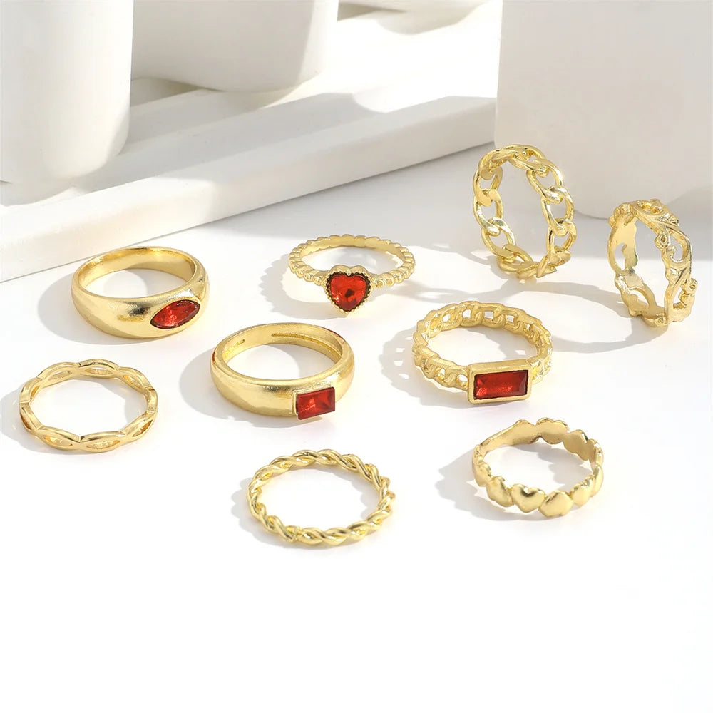 9Pcs/Set Vintage Ins Style Faux Gemstone Rhinestone Metal Hollow Out Retro Heart Love Twist Chain Shaped Ring Set For Women