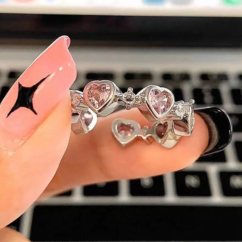 Pink Crystal Irregular Heart Rings Vintage Zircon Opal Love Open Ring Y2K Shiny Zircon Rings