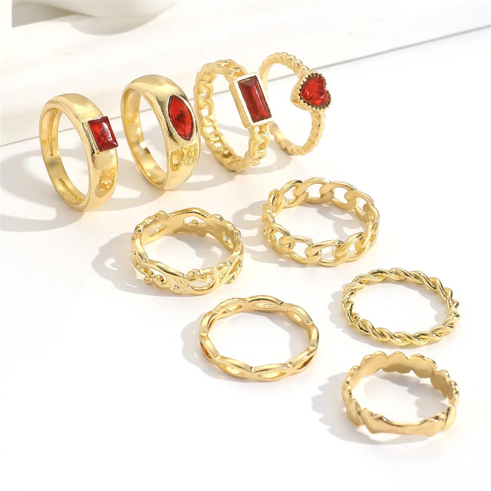 9Pcs/Set Vintage Ins Style Faux Gemstone Rhinestone Metal Hollow Out Retro Heart Love Twist Chain Shaped Ring Set For Women