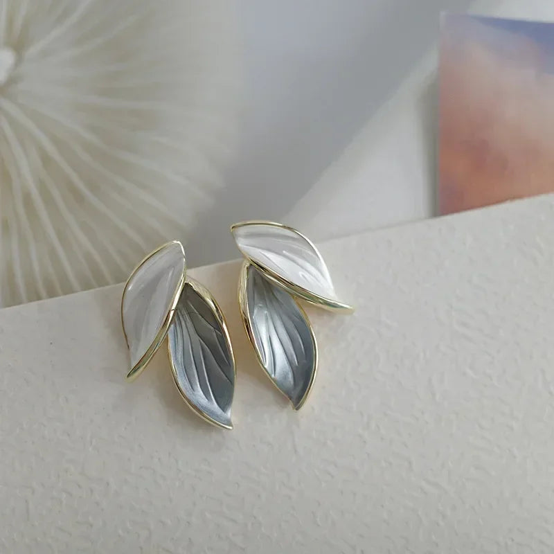 LATS New Korean Arrival Metal Trendy Fresh Lovely Sweet Grey Leaf Stud Earrings