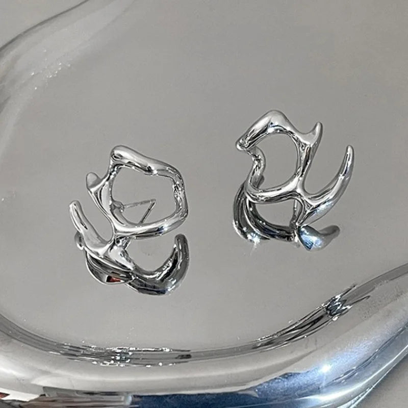 Y2K Irregular Liquid Earrings for Women Silver Color Hip-Hop Punk Fashion Geometric Earring