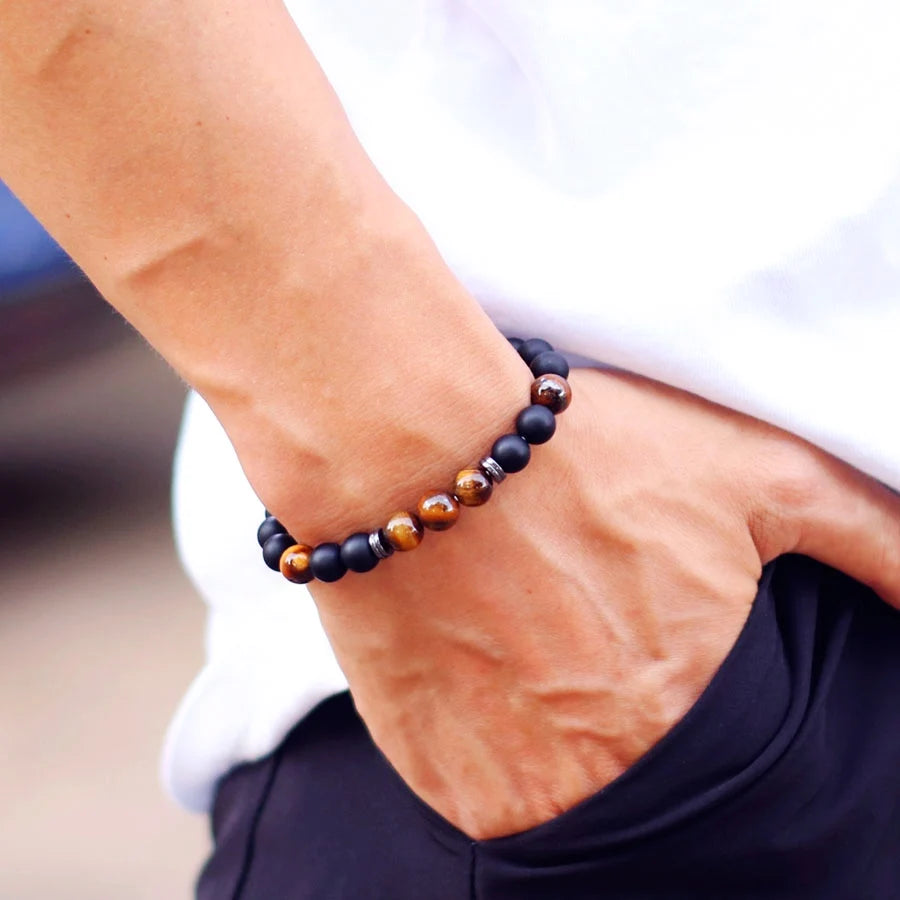 Noter Handmade Mens Bracelet 8mm Onyx Tiger Eyes Stone Beaded Braclet Hematite Healing Braslet Cadeau Homme Leisure Accessories