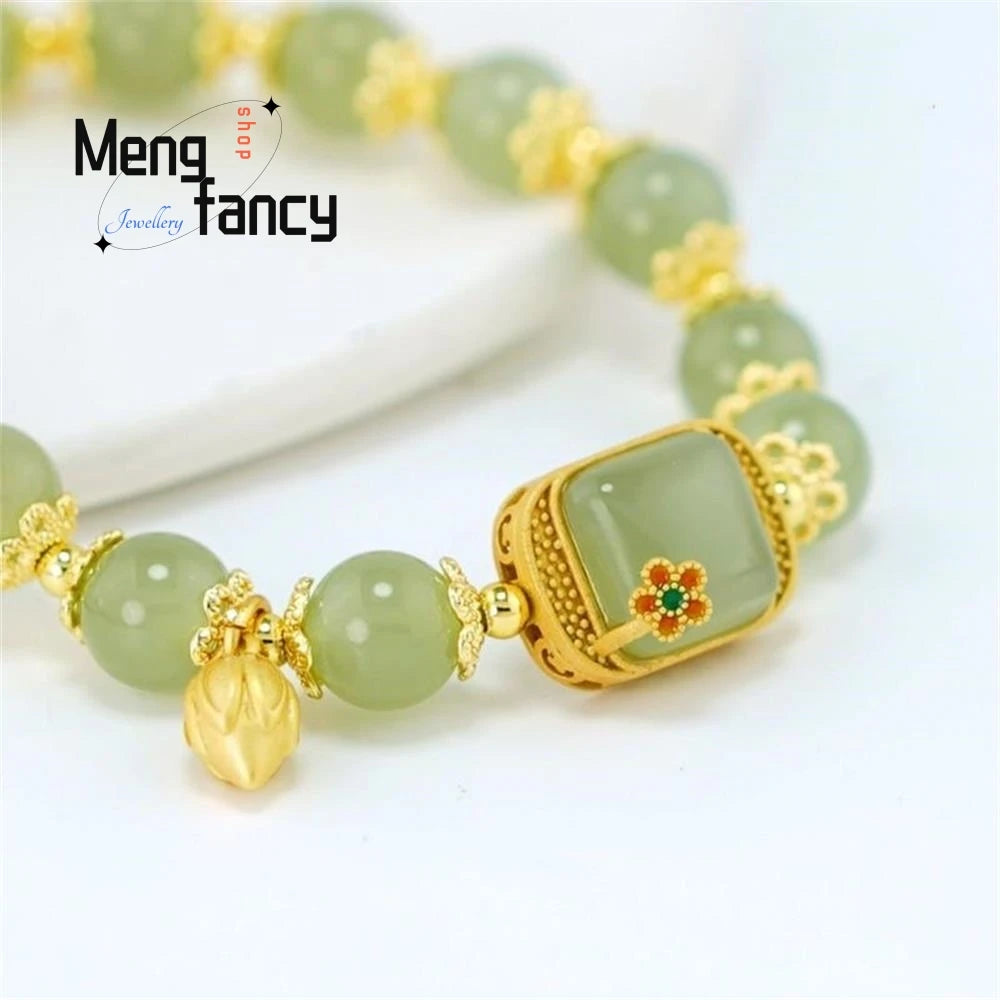 Natural Hetian Jade Bracelet Square Sugar Lotus Bracelet Exquisite Elegant Retro Chinese Style Sexy Young Girls Fashion Jewelry