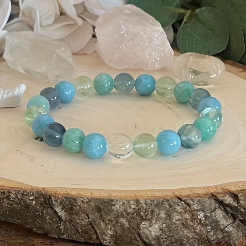 Emotional Healing and Inner Strength Fluorite, Aquamarine and Amazonite 8mm Stone Bracelet Stress Relief Jewelry Gift