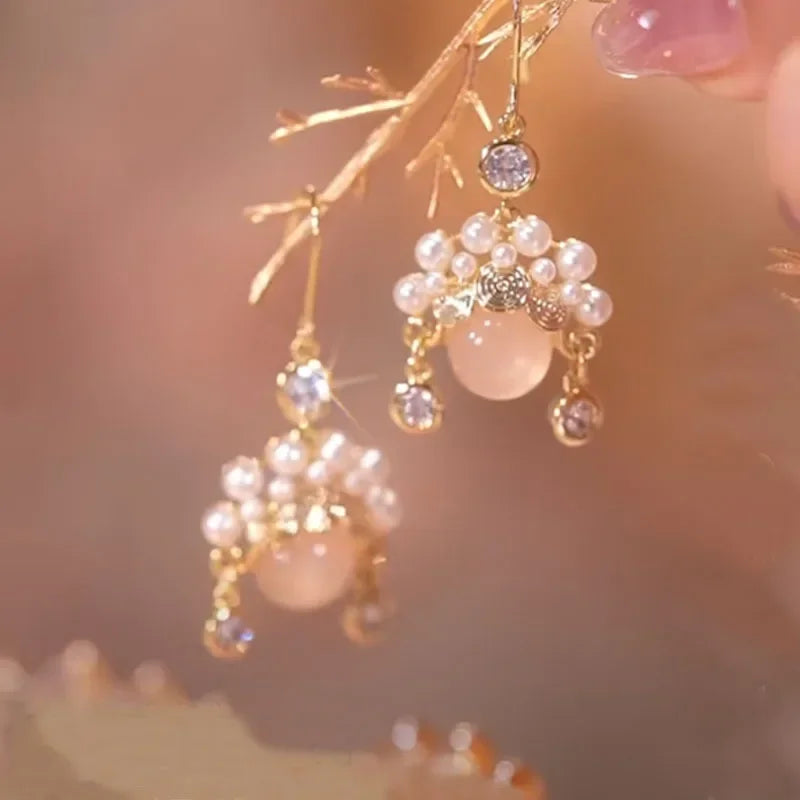 New Trend Simulation Pearl Long Earrings Women's Flower Rhinestone Wedding Pendant Earrings Fashion Korean Jewelry Earrings