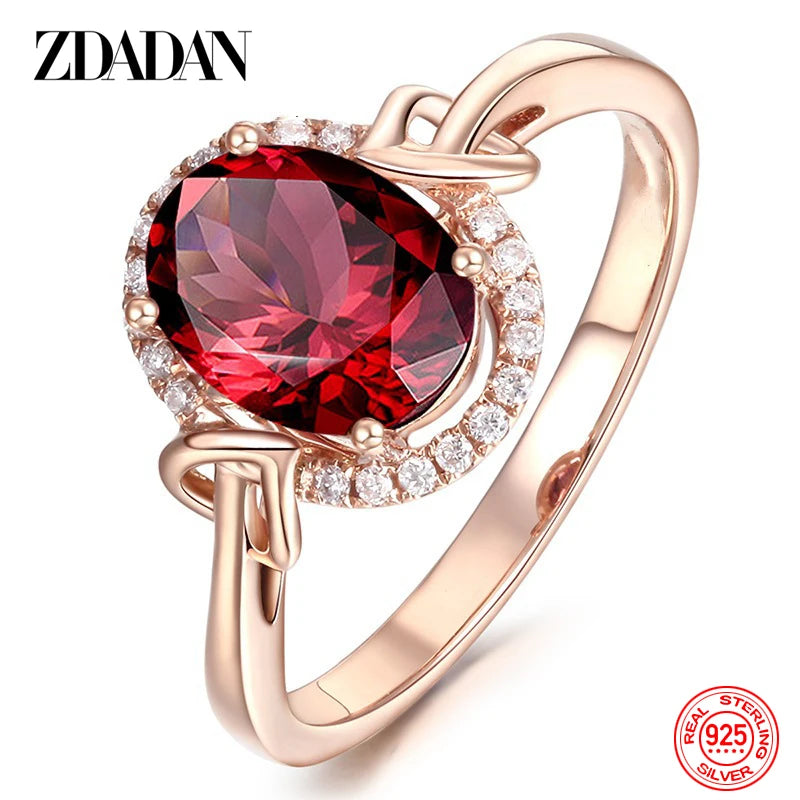 ZDADAN 925 Sterling Silver Big Oval Ruby Zircon Ring For Women Temperament Jewelry Accessories Gift