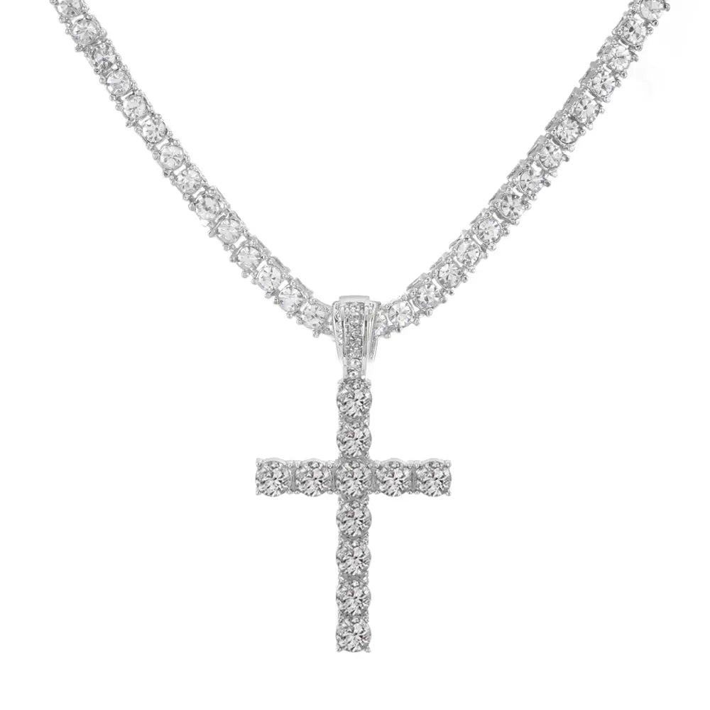 Men Women Hip Hop Cross Pendant Necklace With 4mm Zircon Tennis Chain Iced Out Exquisite Bling Jewelry Fashion Trendy Creative