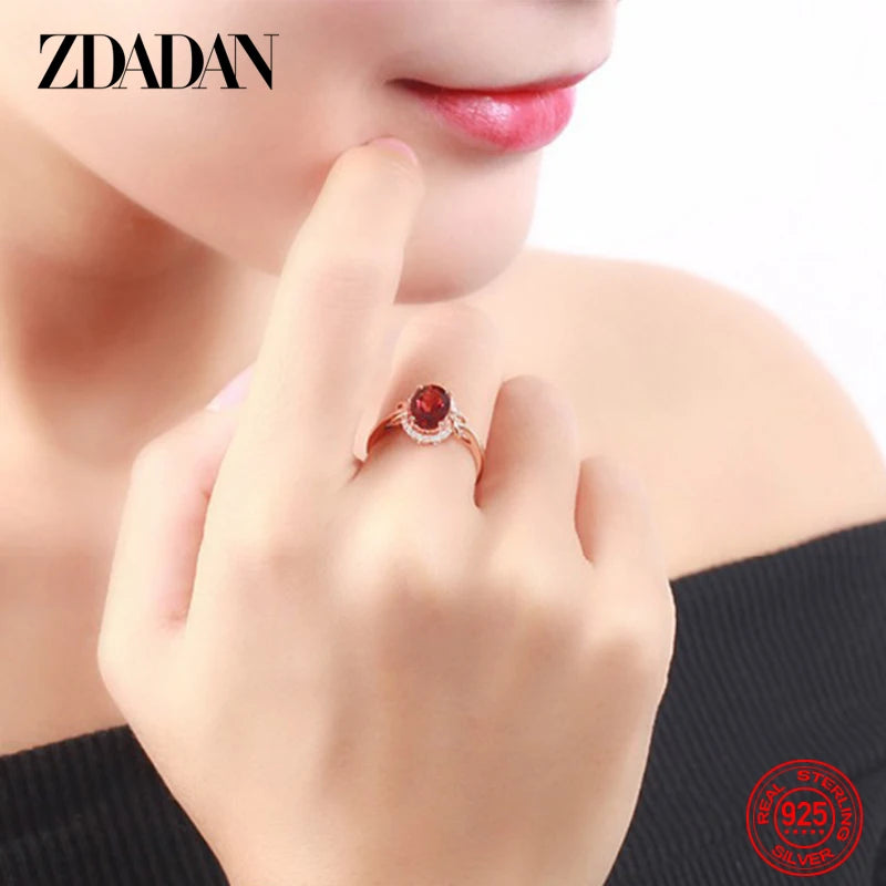 ZDADAN 925 Sterling Silver Big Oval Ruby Zircon Ring For Women Temperament Jewelry Accessories Gift