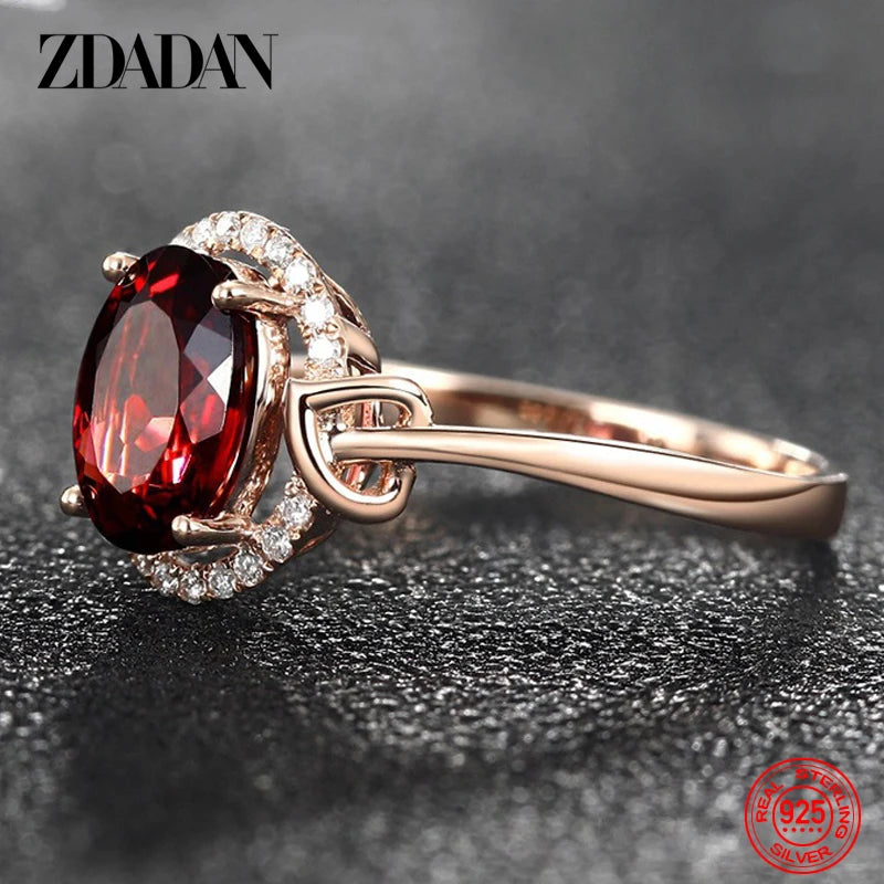 ZDADAN 925 Sterling Silver Big Oval Ruby Zircon Ring For Women Temperament Jewelry Accessories Gift