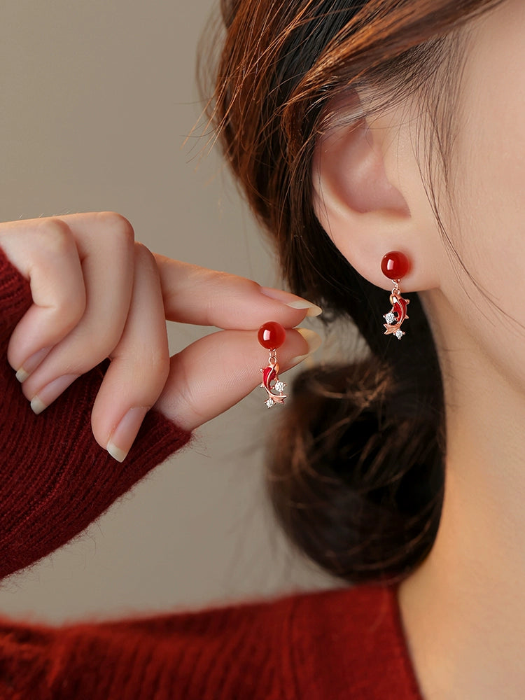 [Xiangnan] 925 Sterling Silver Red Agate Koi Stud Earrings Birth Year 2025 Snake Earrings New Year Female Earrings