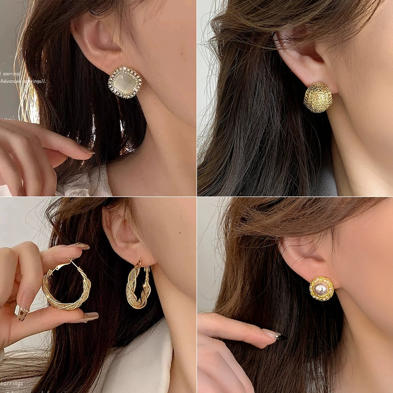 Retro Hong Kong Style Elegant Stud Earrings for Women 2025 New Arrival Best Selling Internet Celebrity Niche Style Fancy Stud Earrings Golden Versatile Stud Earrings
