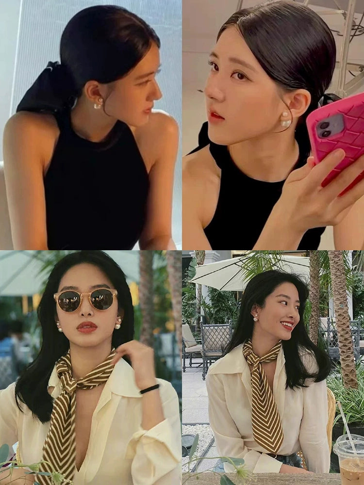 D's Classic Front and Rear Dual-Wear Zhao Lusi Same Style Double Beads Shijia Pearl Earrings Female French Entry Lux 925 Silver Earrings