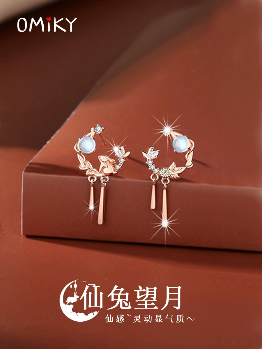 Original Cute Rabbit Girl Chinese Fad New Year Moonstone Earrings