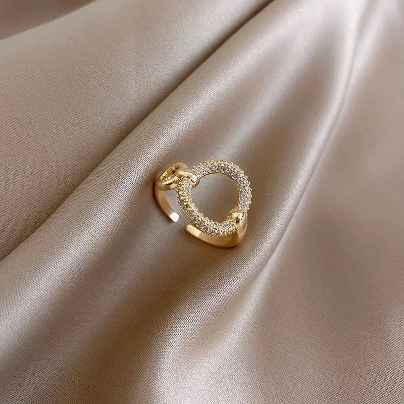 Korea's new fashion jewelry 14K gold plated simple double love crystal ring elegant women's daily opening ring accessories