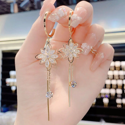 Luxury Crystal Flower Tassel Drop Earrings for Women Shiny Zircon Opal Long Dangle Earrings Girls Party Wedding Jewelry Gift