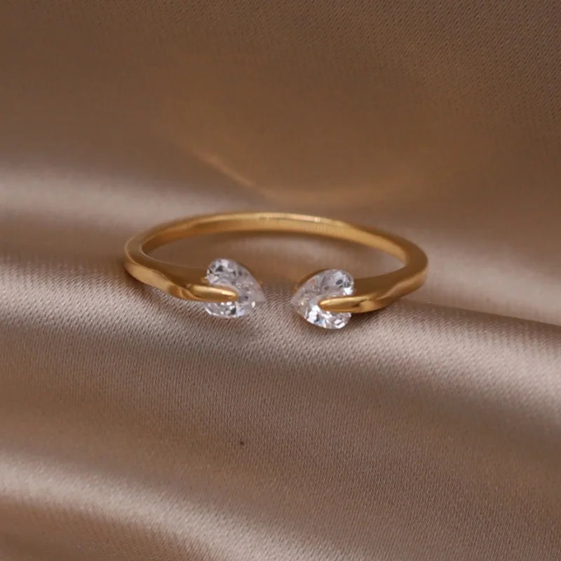 Korea's new fashion jewelry 14K gold plated simple double love crystal ring elegant women's daily opening ring accessories