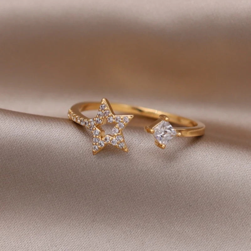 Korea's new fashion jewelry 14K gold plated simple double love crystal ring elegant women's daily opening ring accessories