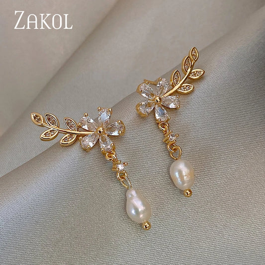 ZAKOL Korean Fashion Flower Earrings Shiny Leaf Zircon Imitation Pearl Drop Earring Bridal Wedding Jewelry