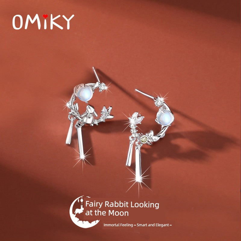 Original Cute Rabbit Girl Chinese Fad New Year Moonstone Earrings